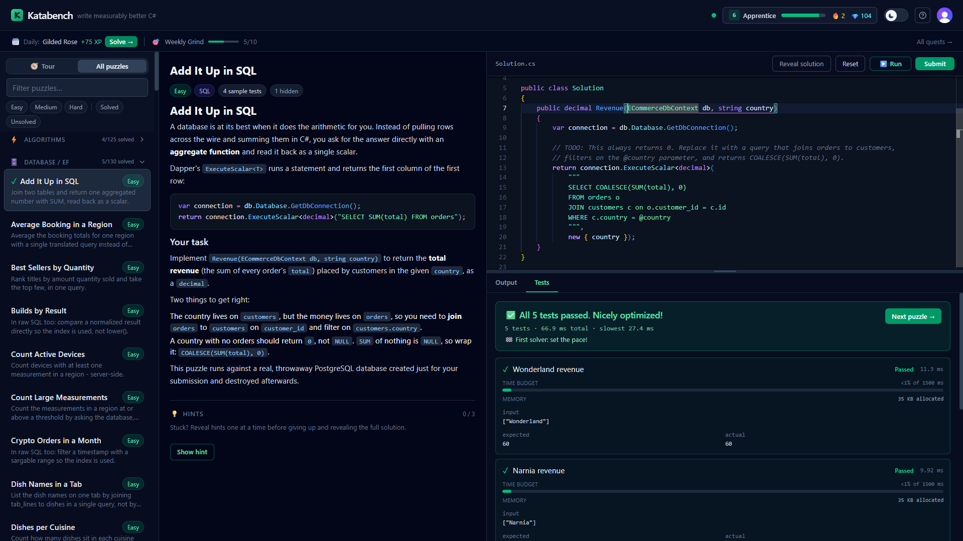 A Katabench database kata: the task statement explains aggregating in SQL instead of pulling rows into C#, the editor holds a starter Solution.cs, and the test panel shows all five tests passing with per-test time budgets and memory