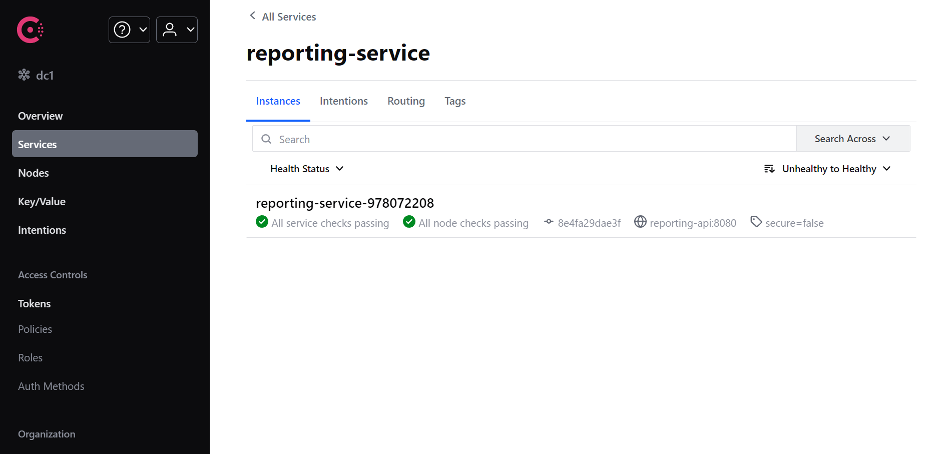 Consul dashboard with registered service.