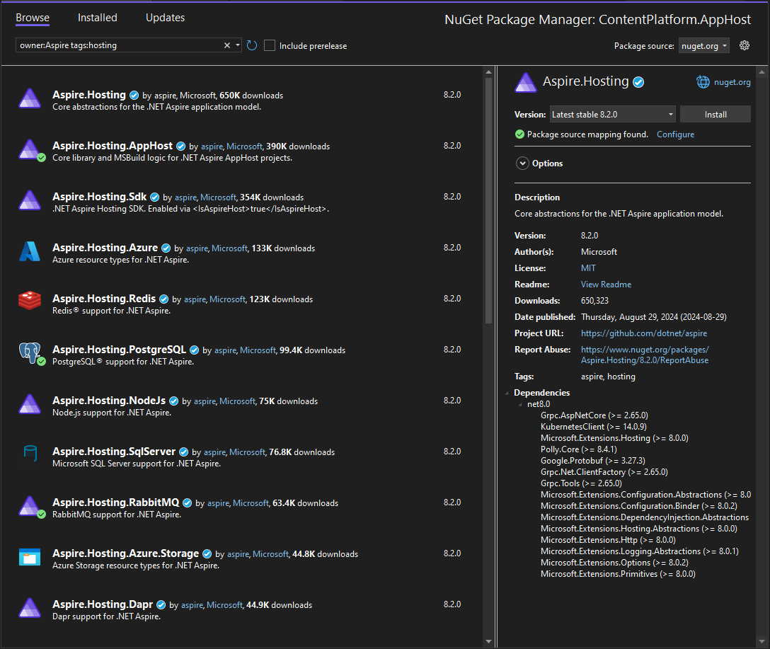 NuGet browser view showing a list of .NET Aspire integrations.