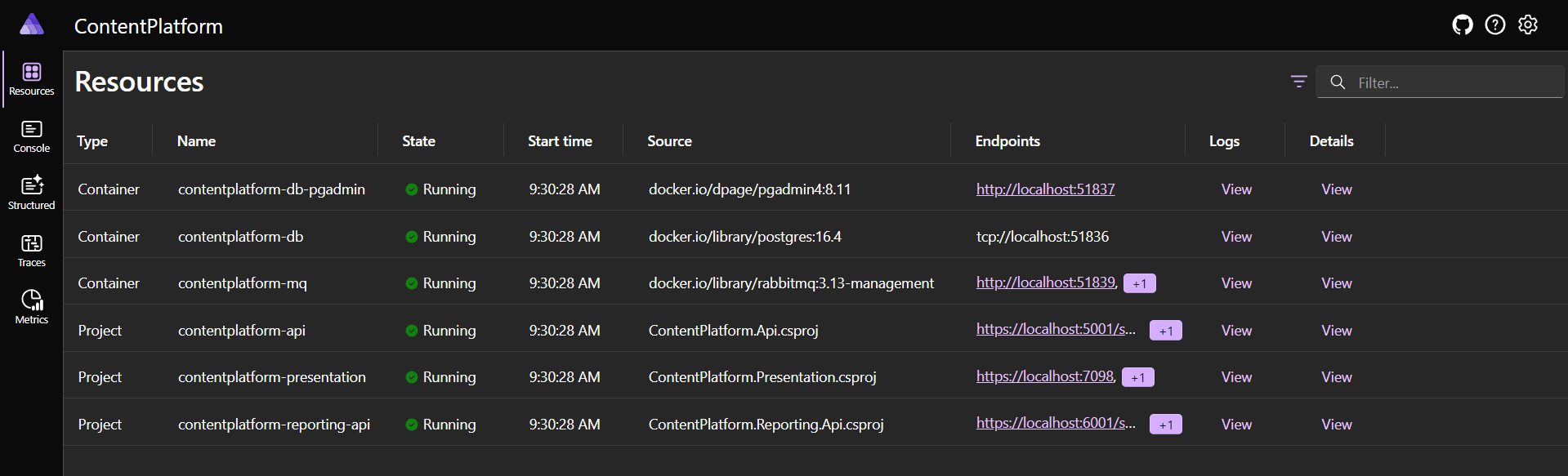 Aspire dashboard resource views showing the application services and containers running.