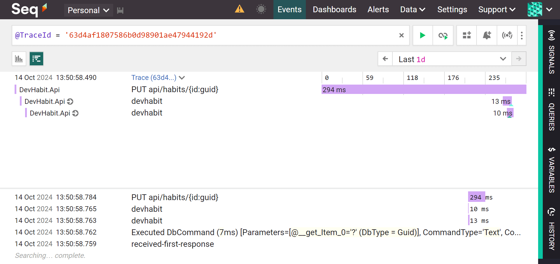 Seq user interface showing a distributed trace with the same trace identifier as the problem details response.