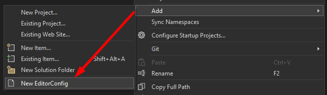 Visual Studio Add menu with New EditorConfig selected