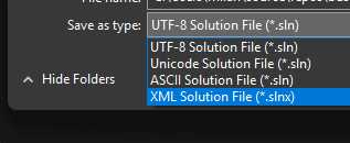 The Save As dialog in Visual Studio with the Xml Solution File option selected.