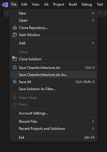 The file menu in Visual Studio with the Save As option highlighted.