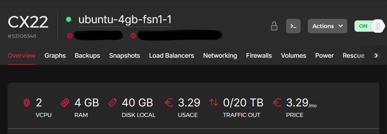 A screenshot of a Hetzner server management dashboard showing a server.