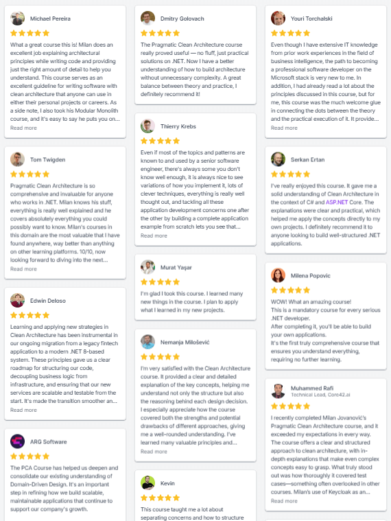 A screenshot of testimonials from students of the Pragmatic Clean Architecture course.