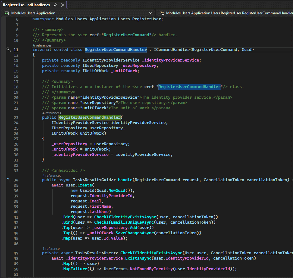 A screenshot of sample code implementing Railway-Oriented Programming in C#.