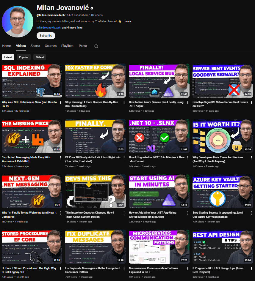 A screenshot of the Milan Jovanovic Tech YouTube channel with over 140,000 subscribers.