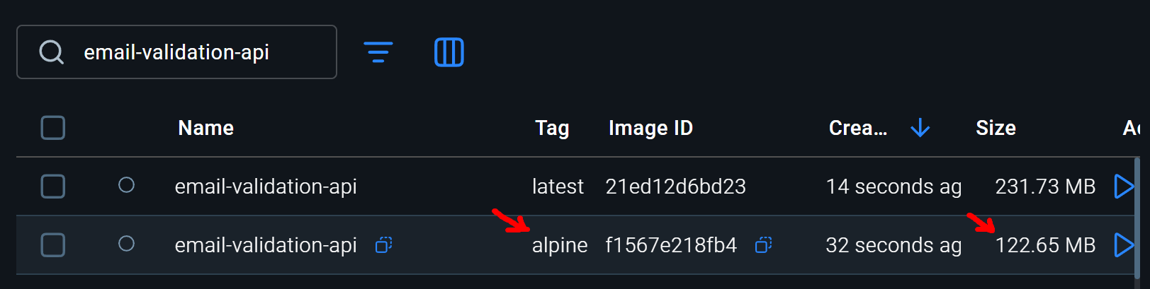 An image showing the size difference between the default and Alpine base images for ASP.NET Core applications.