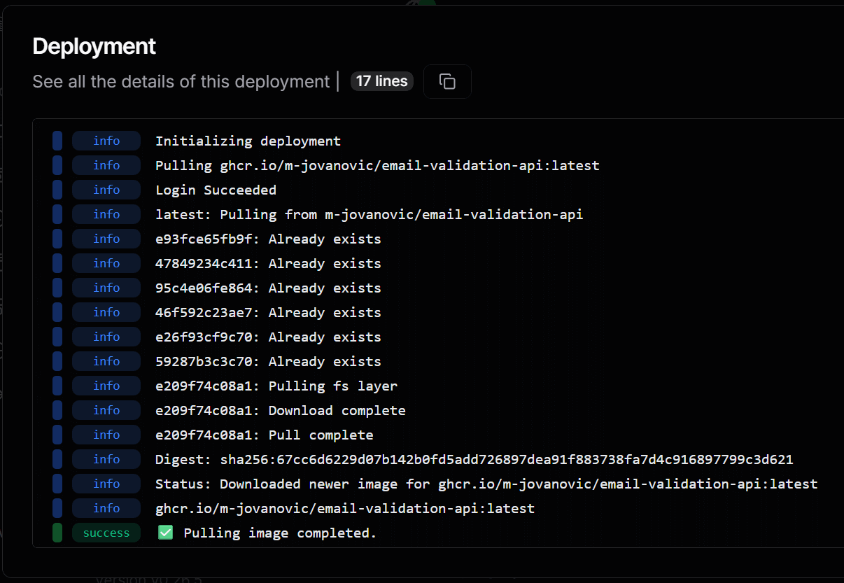 An image showing the output of the dokploy deployment command restarting the container.