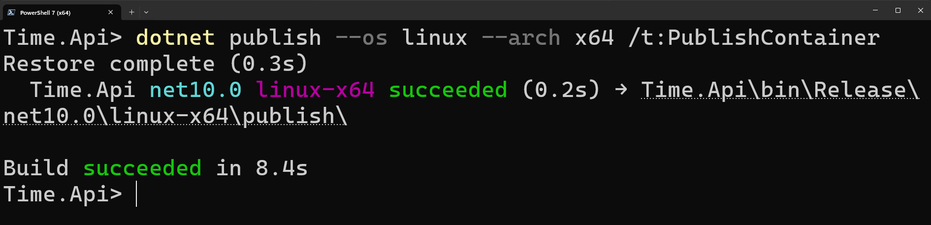 An image showing the output of the dotnet publish command creating a container image.