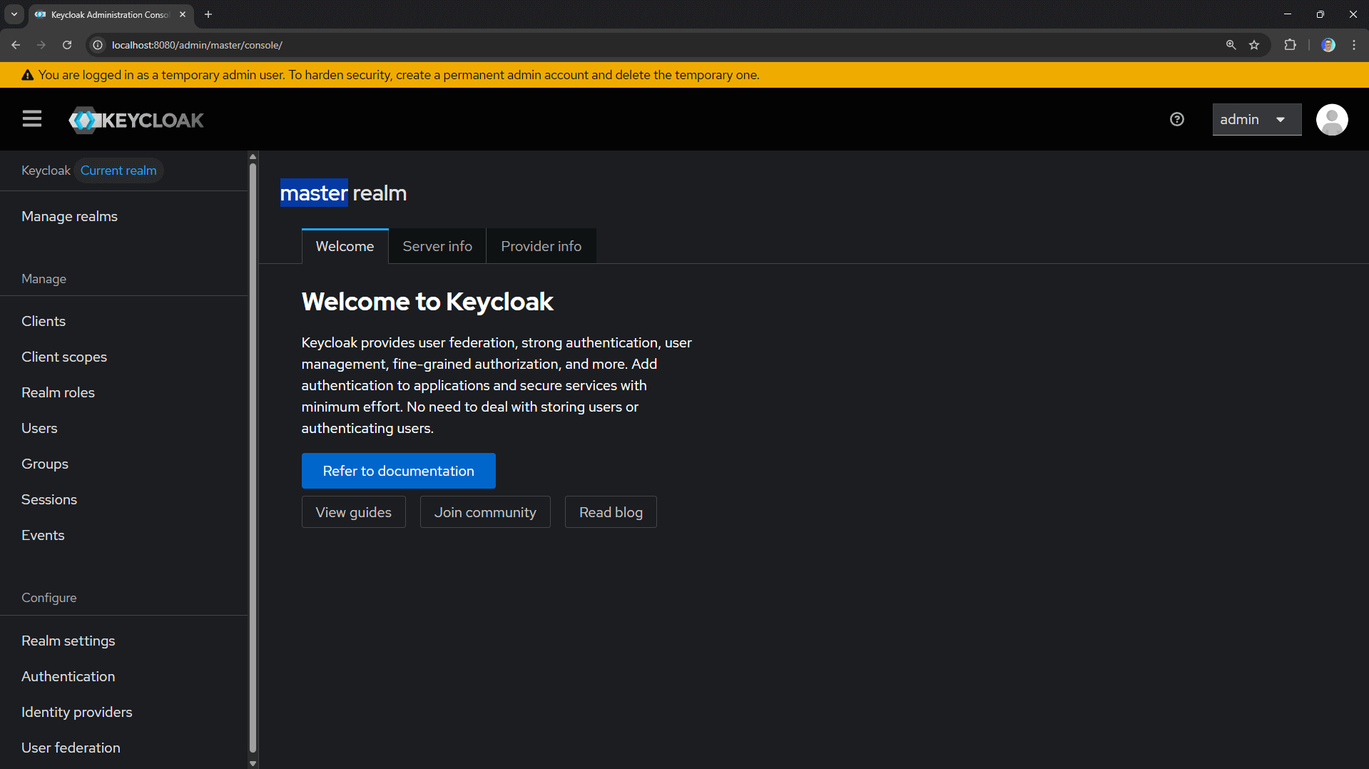 The Keycloak admin console showing the master realm dashboard.