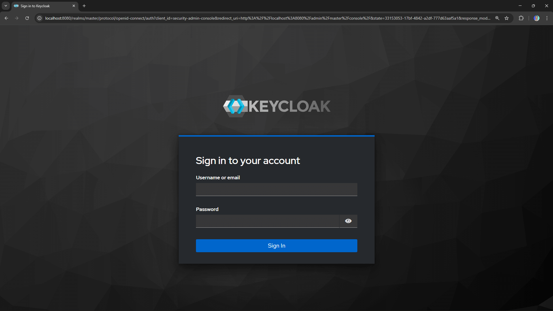 The Keycloak admin login screen with username and password fields.