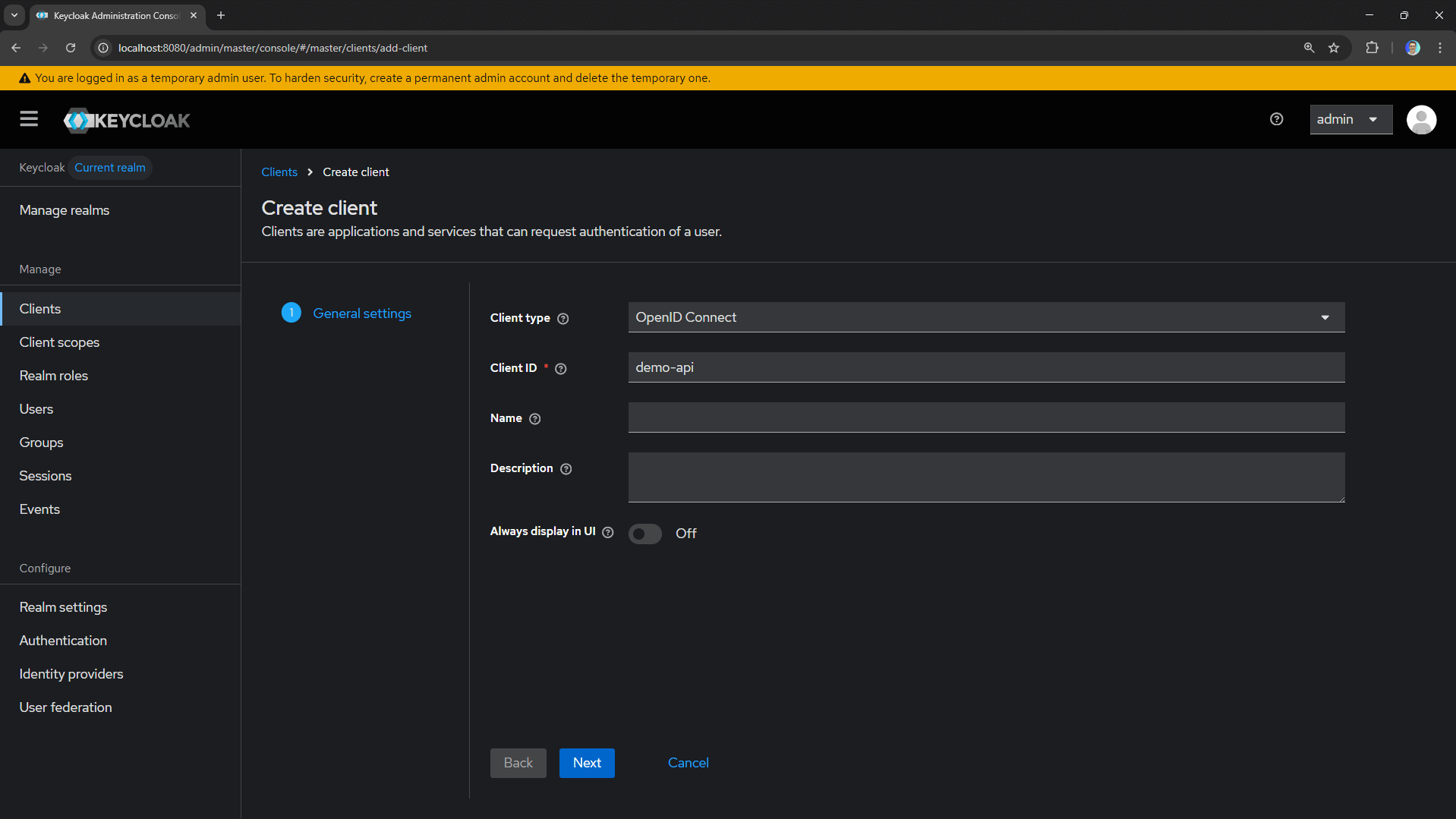 The first step of creating a client in Keycloak, showing the Client ID field.