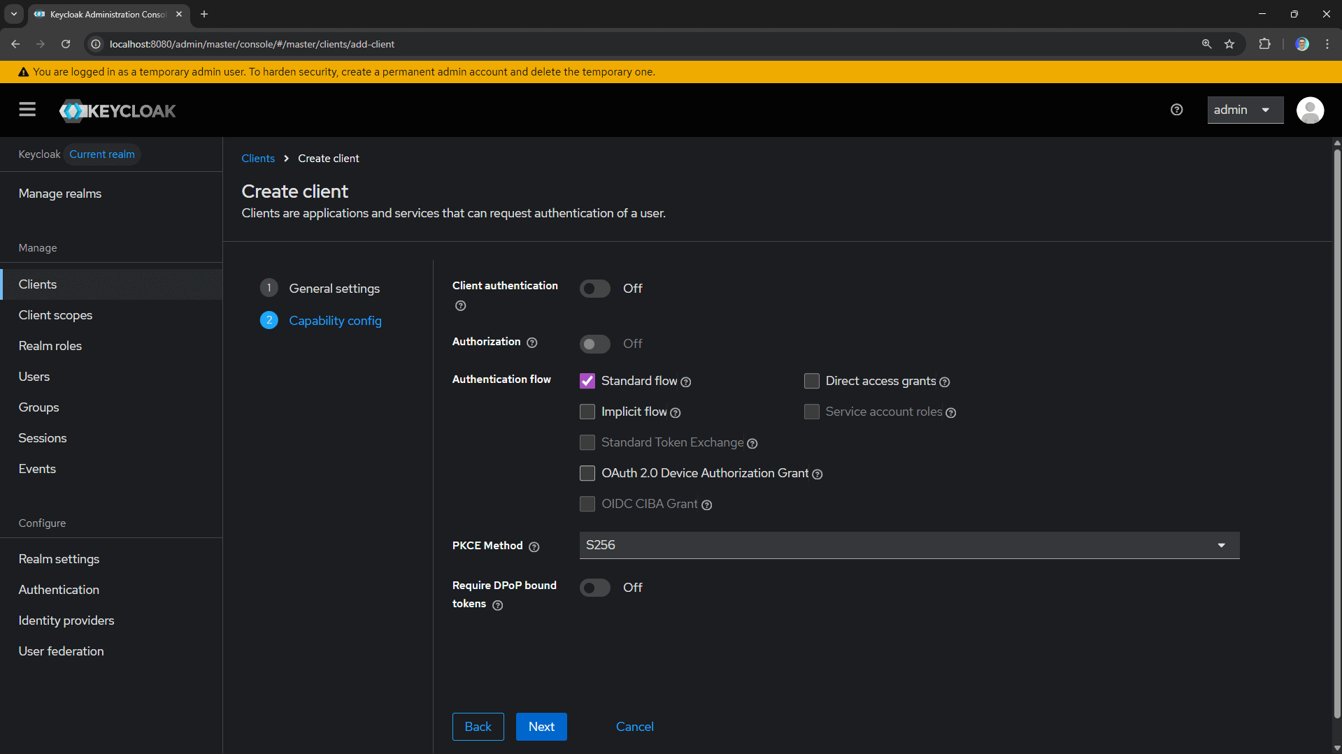 The second step of creating a client showing authentication settings.