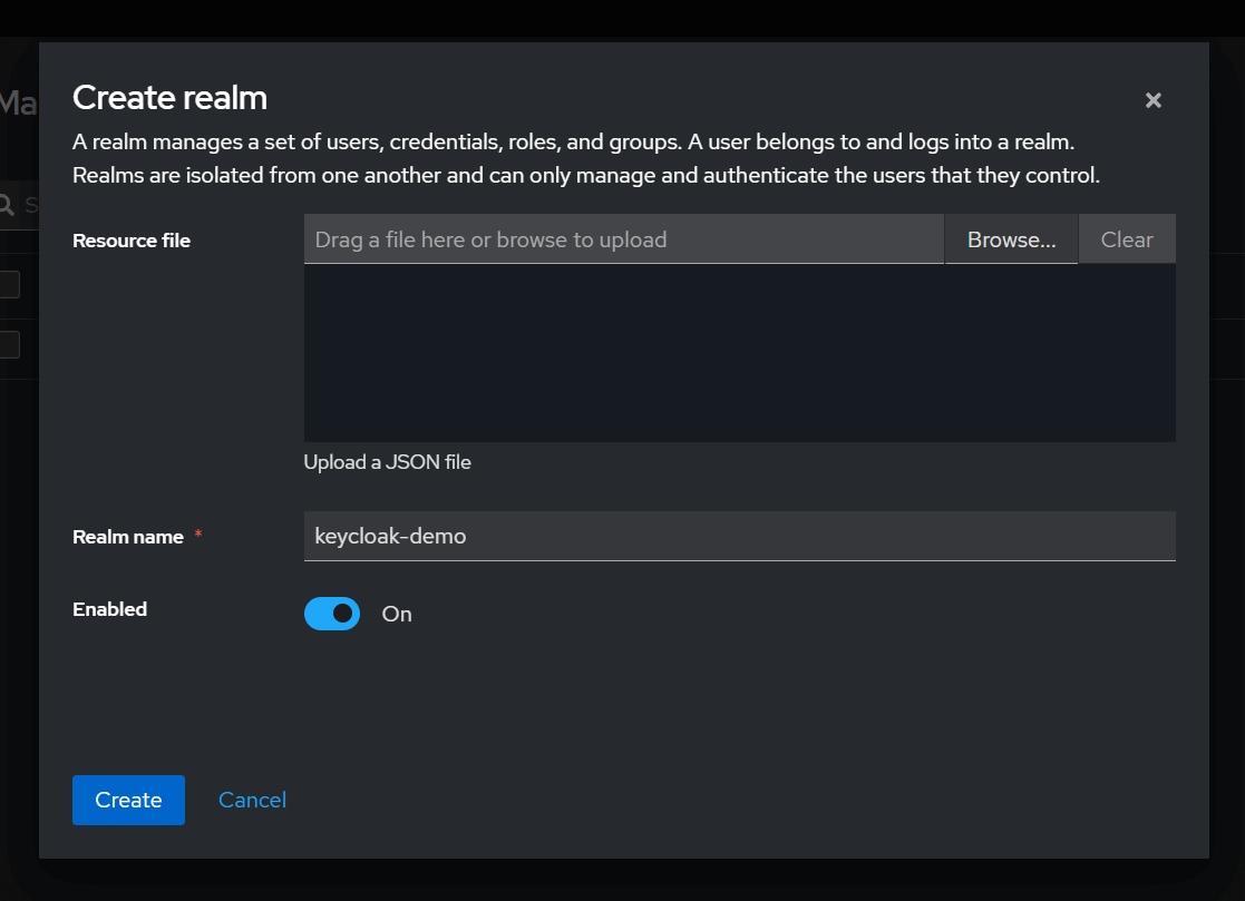 The Keycloak create realm dialog with 'demo' entered as the realm name.