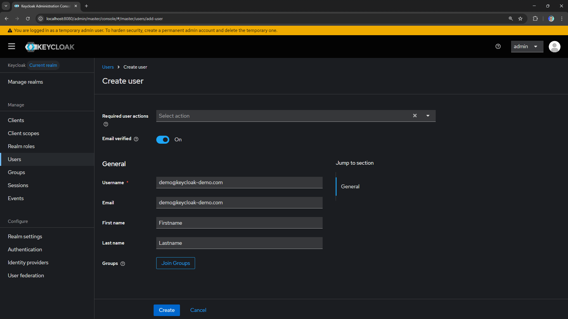 The Keycloak user creation form.
