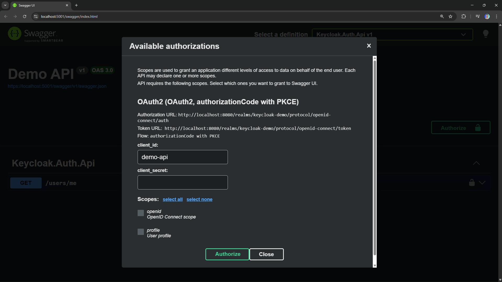 Swagger UI showing the Authorize form for OAuth 2.0.