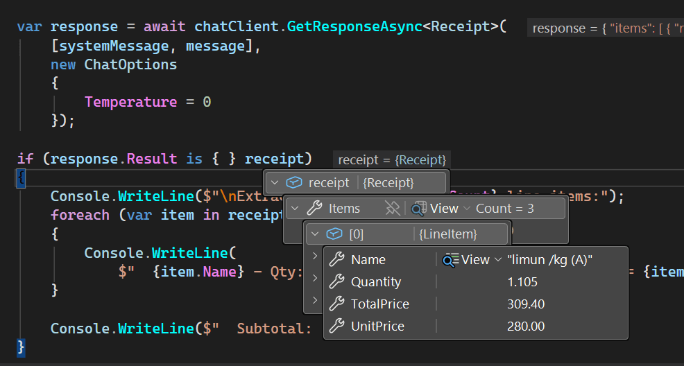 Visual Studio screenshot showing the Receipt object with line items and subtotal extracted from the model response.