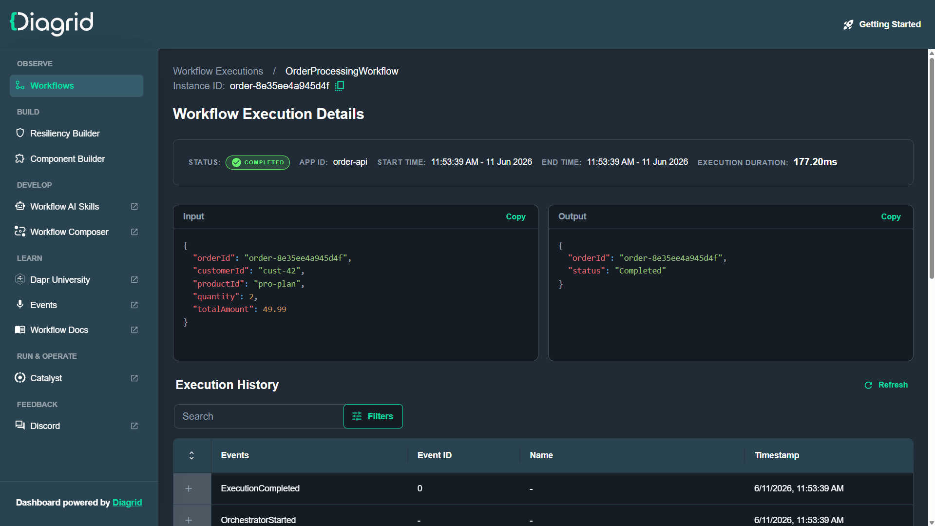 Workflow Execution Details page showing a running OrderProcessingWorkflow instance with its status and input payload.