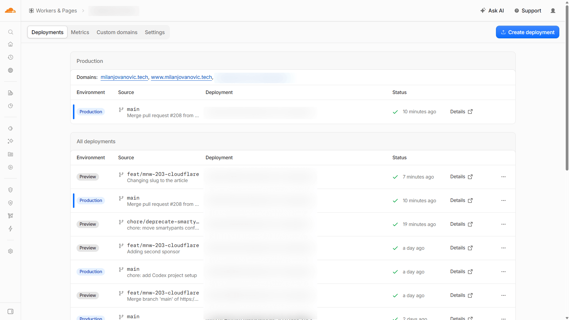 Cloudflare Pages deployments list showing production deployments from main and per-branch preview deployments with their own pages.dev URLs