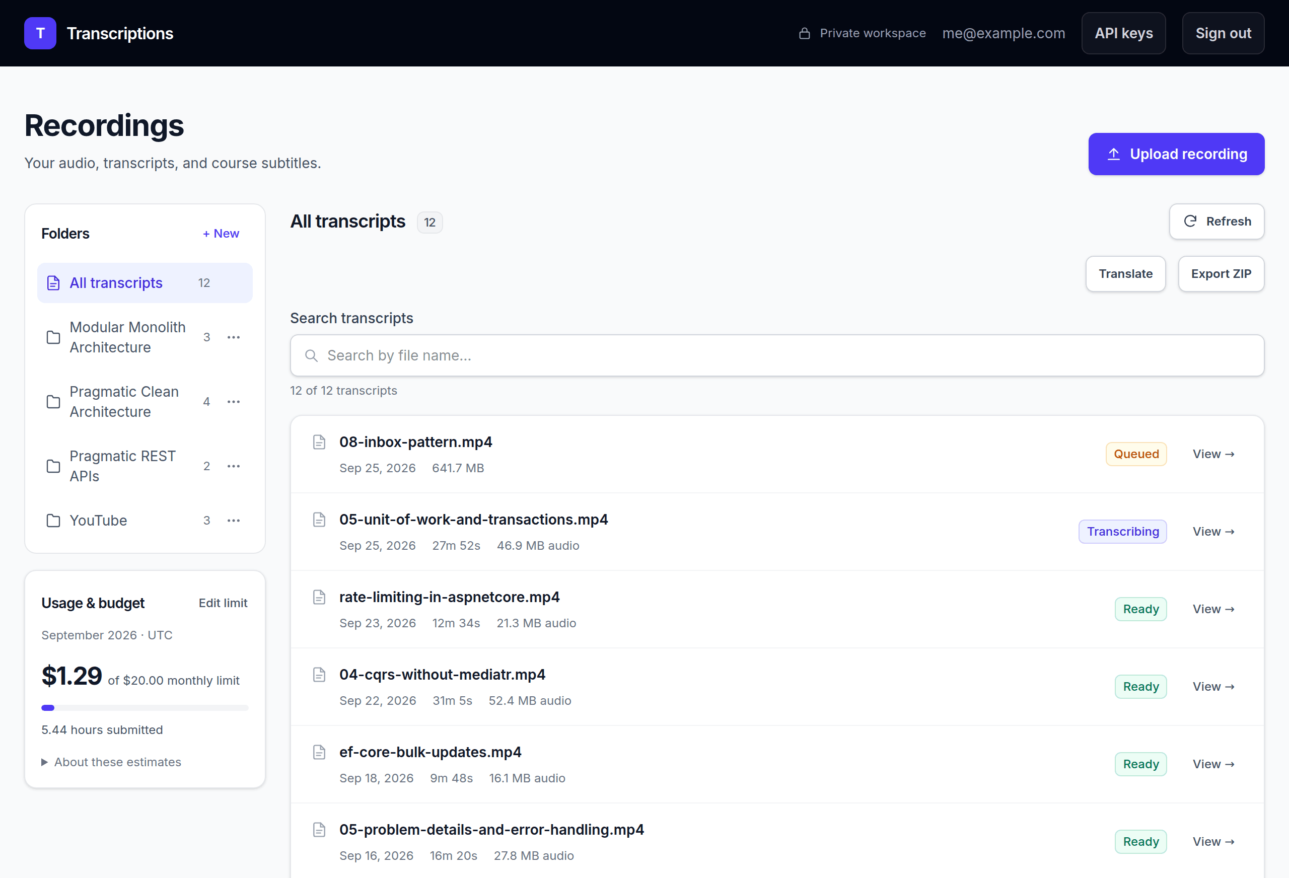 The transcription app library, with course folders and a $20 monthly budget on the left, and lesson recordings marked Queued, Transcribing, or Ready.