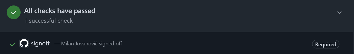 Pull request checks: All checks have passed, 1 successful check, signoff, Milan Jovanović signed off, Required